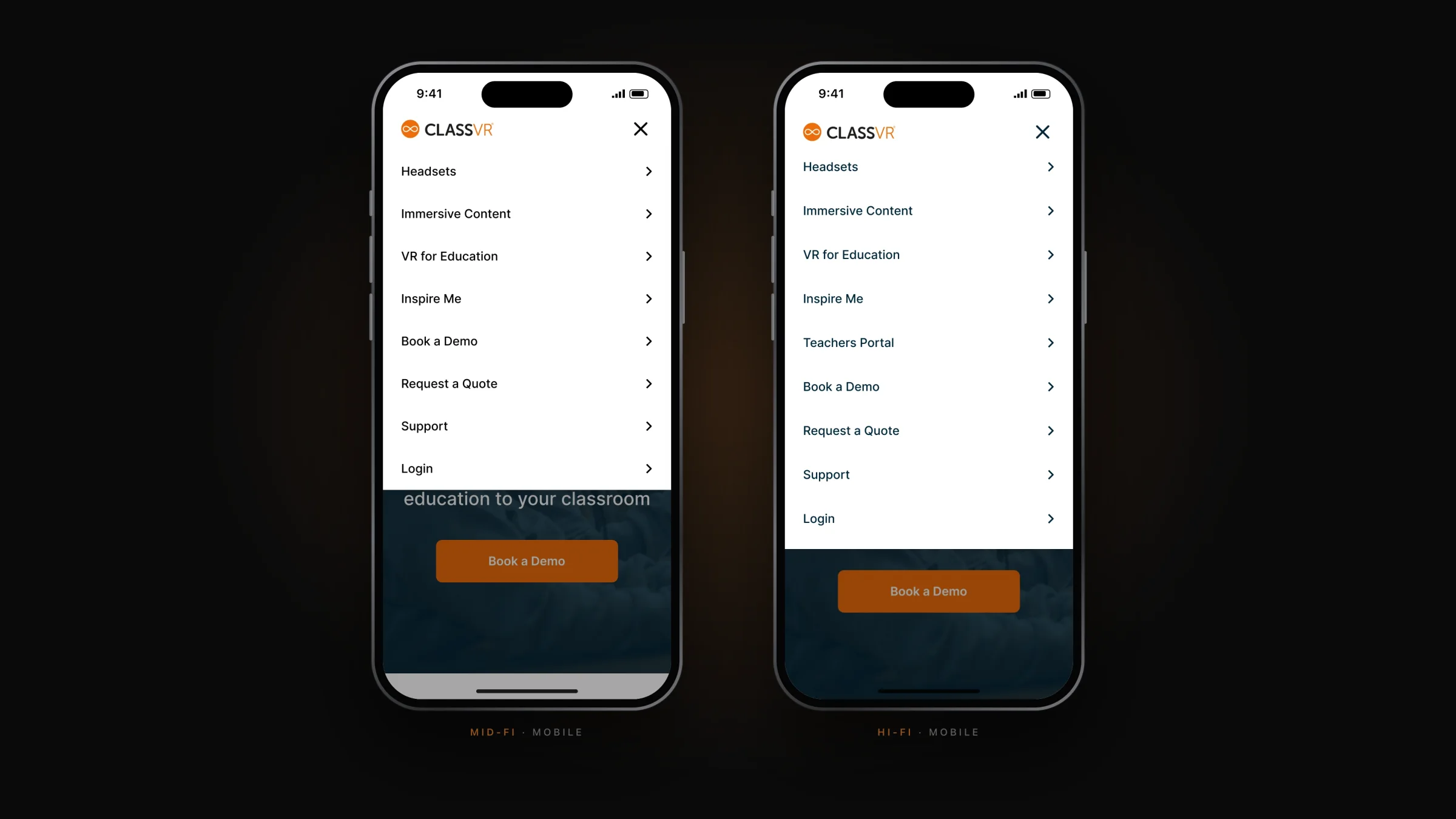 Mobile menu: mid-fi and hi-fi