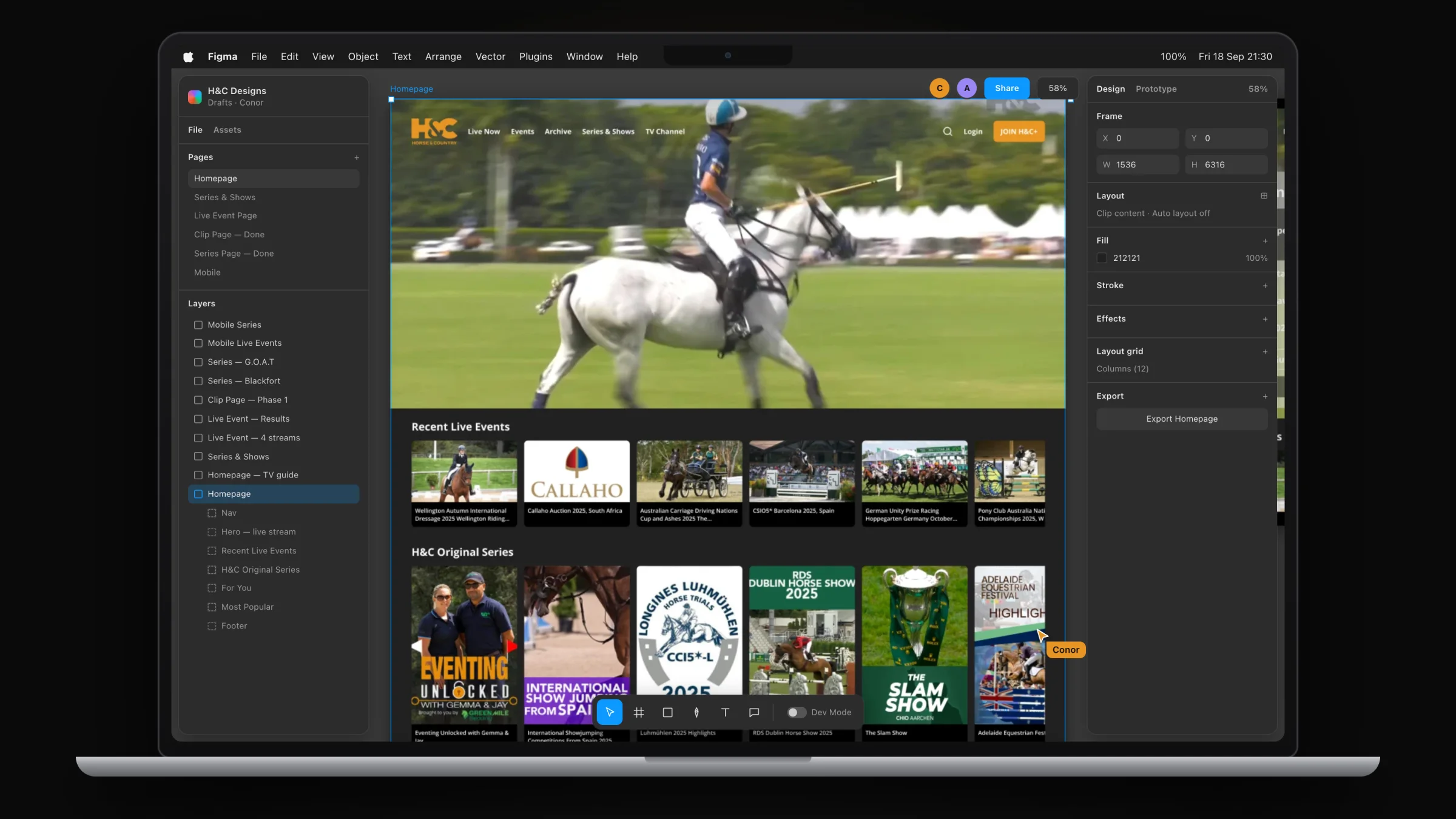 Homepage: live hero, recent events and H&C Originals
